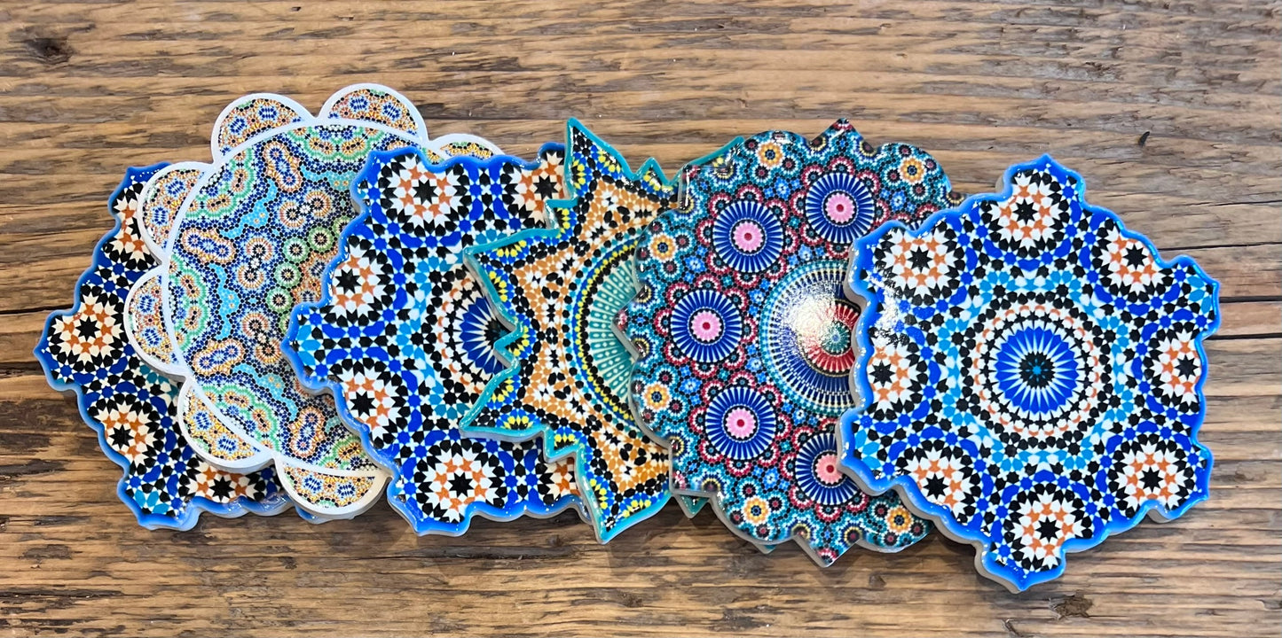 Moroccan Tile Pattern Ceramic Coaster | Geometric Floral Mosaic