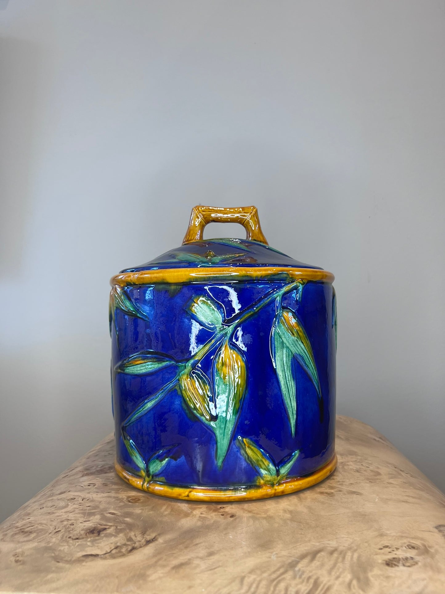 French Majolica Blue Canister – Relief Botanical Ceramic