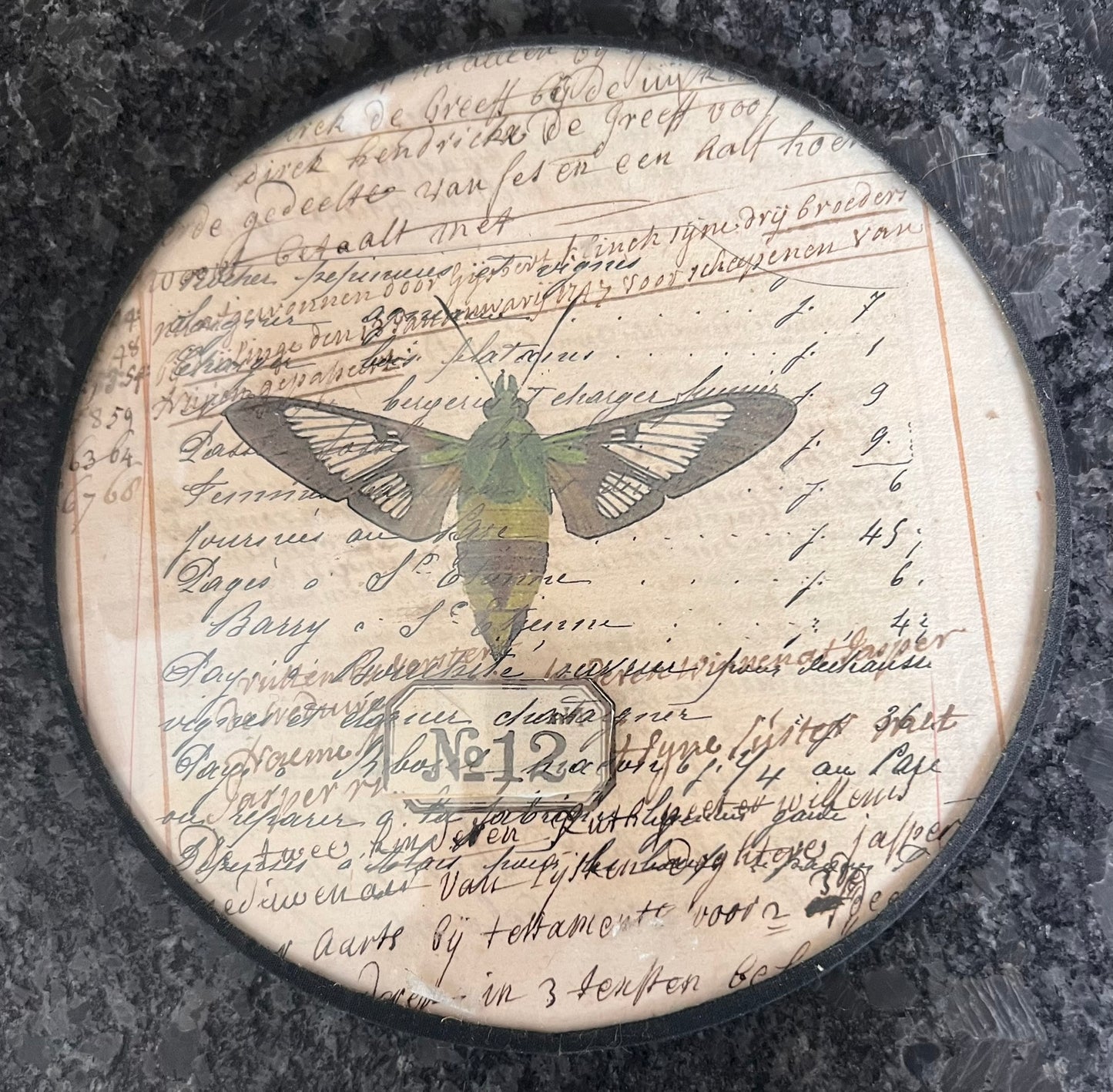 French Round Ephemera Collage – Glass Framed Wall Art with Moth Motif, 4”