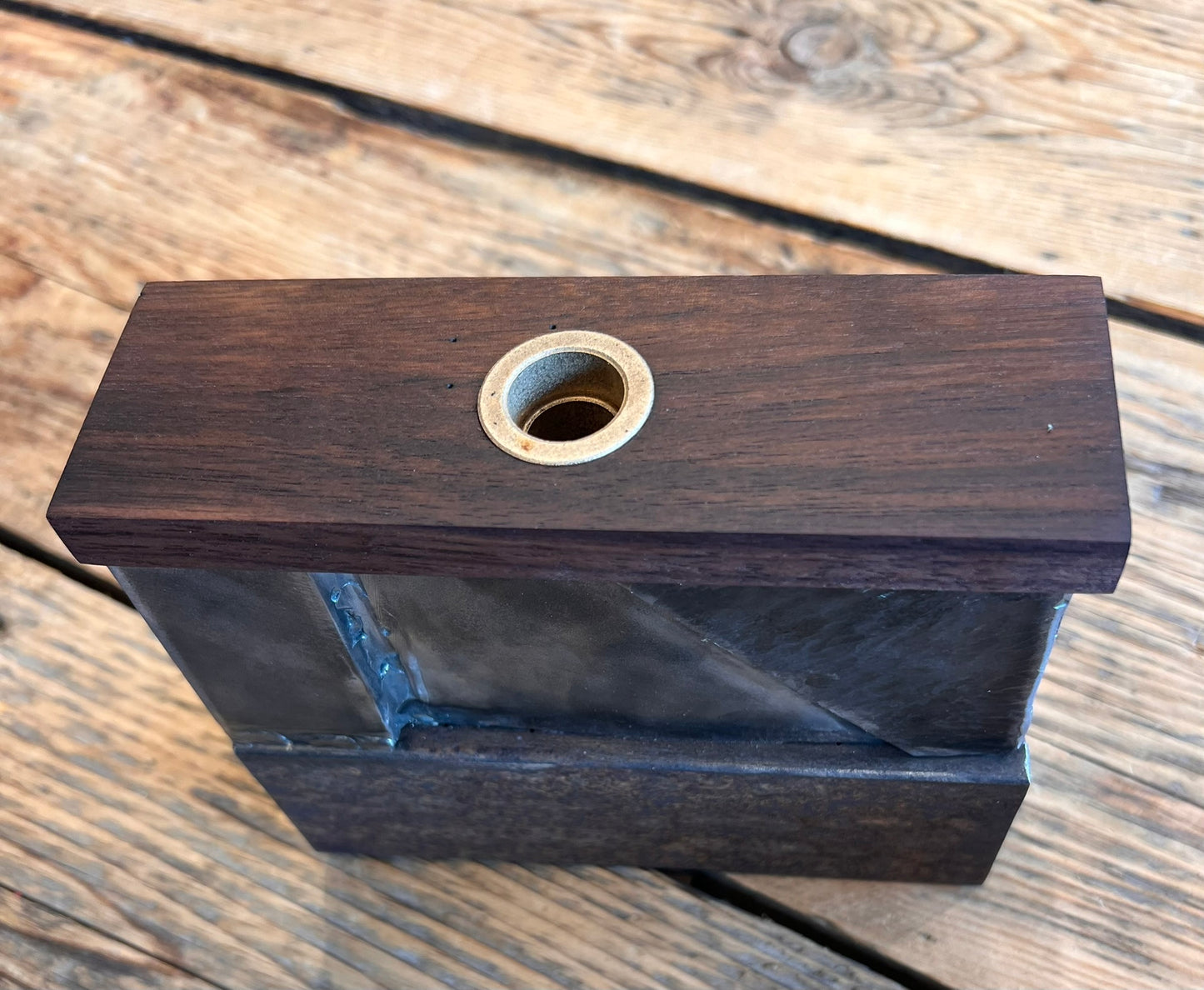 Salvaged Steel & Walnut Bud Vase, Modern Industrial Sculptural Vase