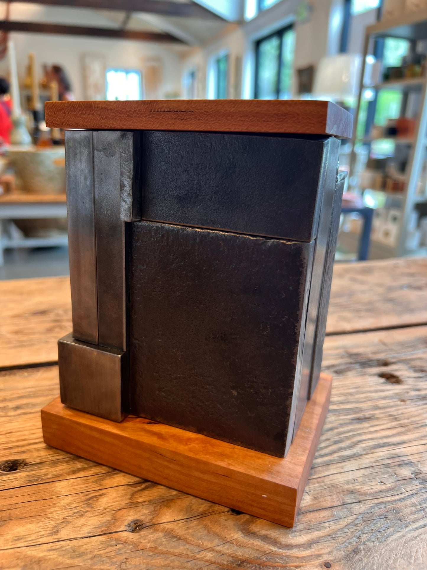 Salvaged Steel & Cherry Vase, Modern Industrial Sculptural Vase
