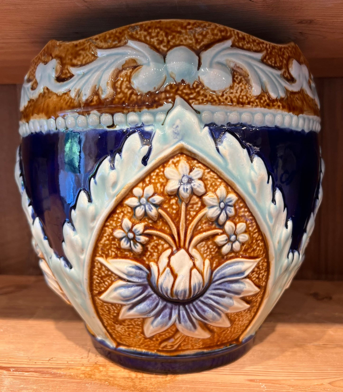 PD19 - Antique Blue & Cognac Majolica Floral Ceramic Jardinière, Early 1900s