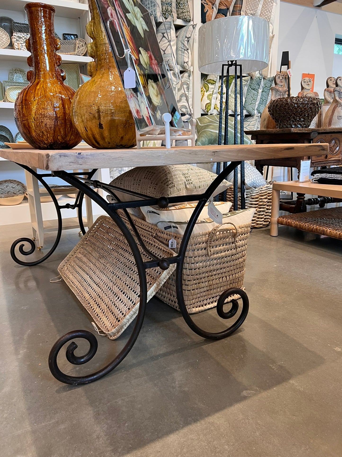 Antique Oak Table with Black Metal Scroll Legs, circa 1900