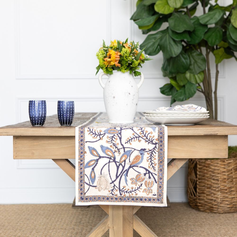 Peacock & Poms Blue Table Runner