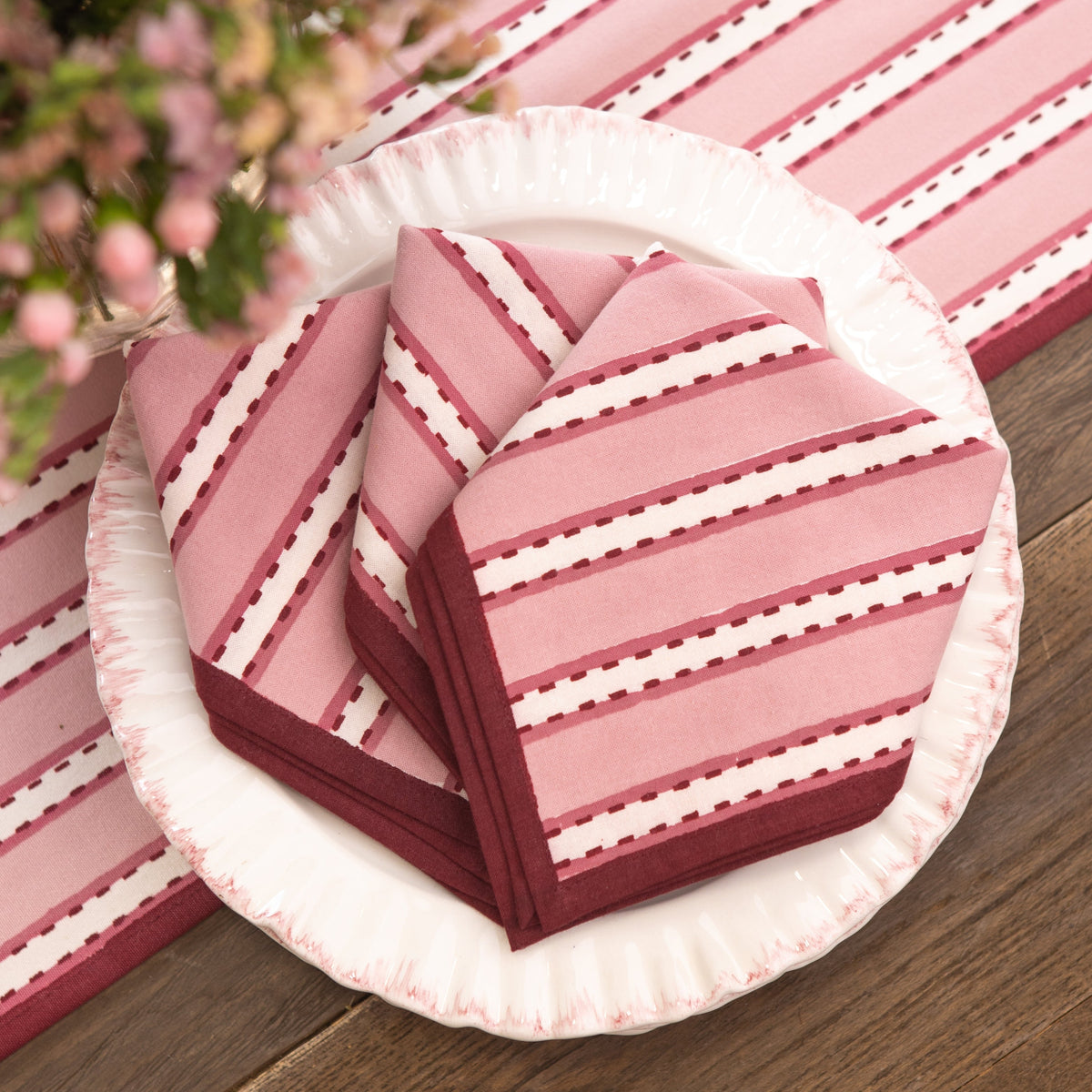 Pomegranate Dotted Stripe Rose Napkin - set of 4