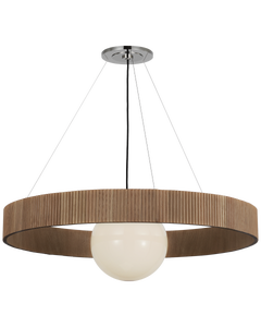 Arena 42" Ring and Globe Chandelier in Hand-Rubbed Antique Brass and Natural Oak with White Glass