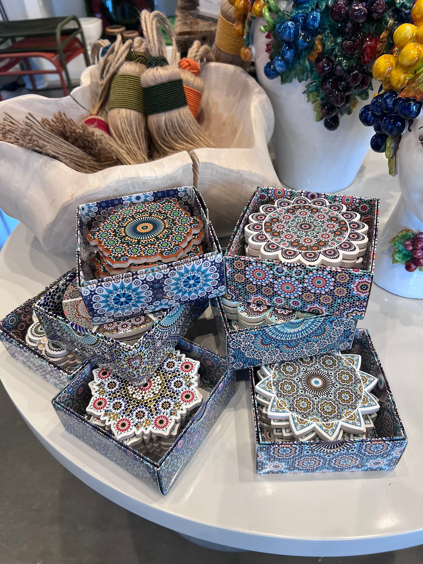 Moroccan Tile Pattern Ceramic Coaster | Geometric Floral Mosaic