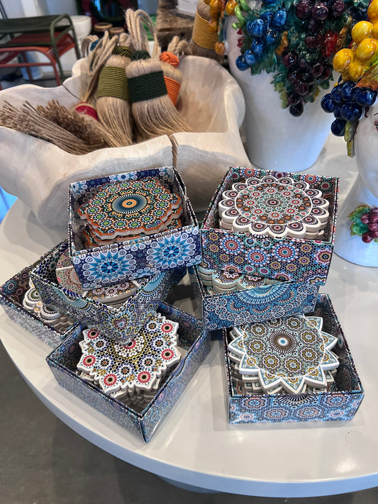 Moroccan Tile Pattern Ceramic Coaster | Geometric Floral Mosaic