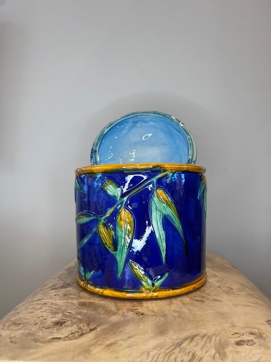 French Majolica Blue Canister – Relief Botanical Ceramic