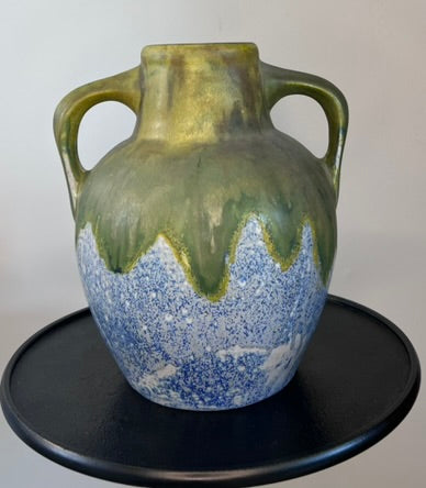 French Art Pottery Vase - Green & Blue with Two Handles