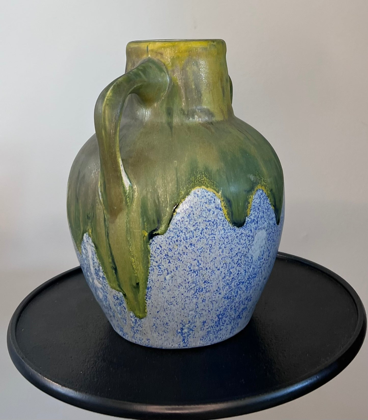 French Art Pottery Vase - Green & Blue with Two Handles