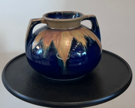 Mid Century French Cobalt Blue Ceramic Vase – Double Handle Drip Glaze Pottery