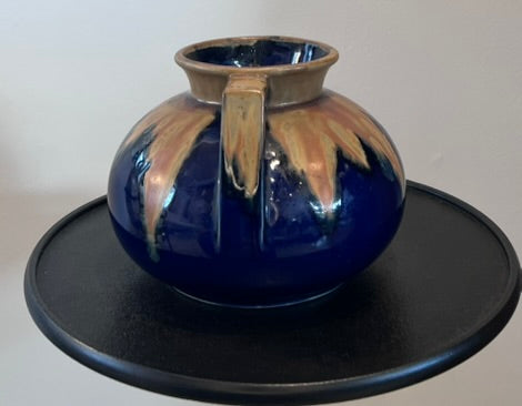 Mid Century French Cobalt Blue Ceramic Vase – Double Handle Drip Glaze Pottery