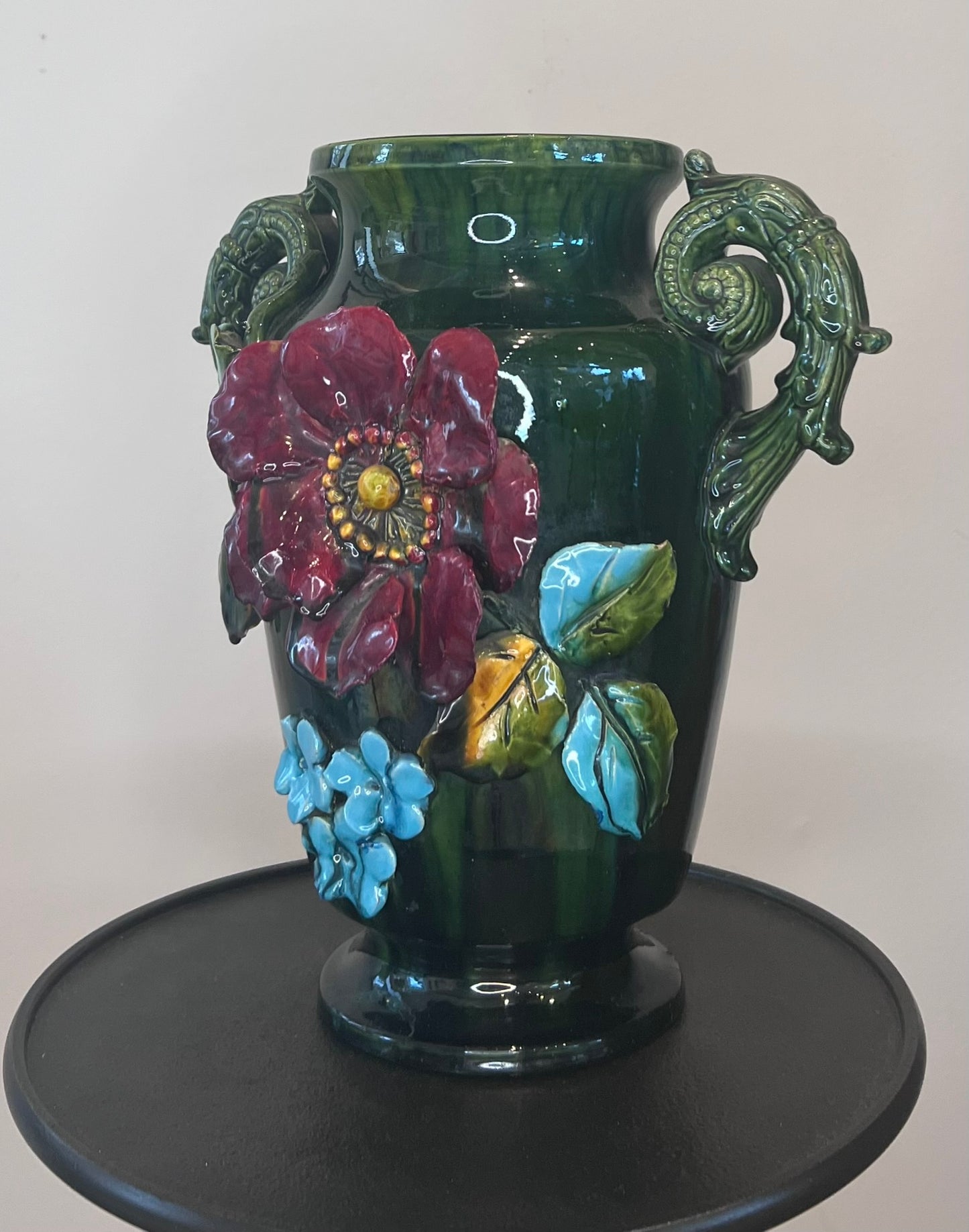 French Barbotine Floral Vase – Majolica Style Ceramic