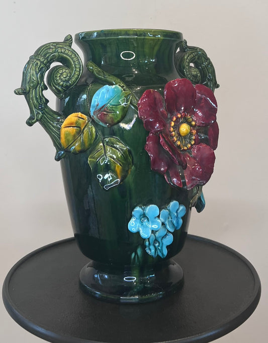French Barbotine Floral Vase – Majolica Style Ceramic