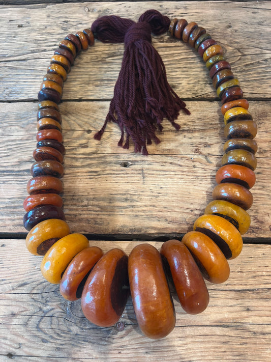 Vintage Bedouin Ceramic Bead Strand – Large Amber & Ochre Tribal Bead Necklace