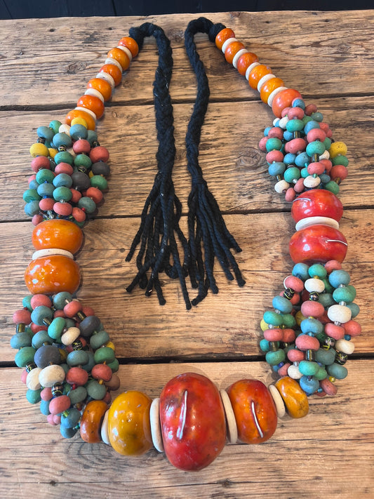 Vintage Bedouin Ceramic & Glass Bead Strand – Multicolor Tribal Statement Necklace
