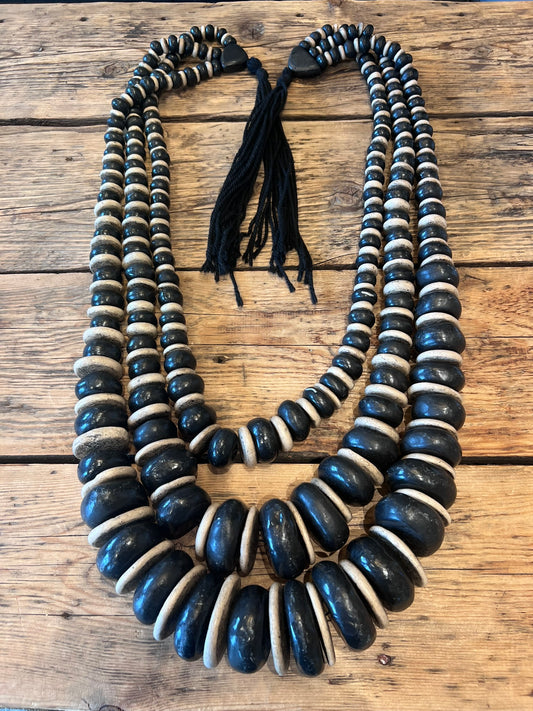 Vintage Bedouin Black Bead Necklace – Layered Tribal Statement Strand