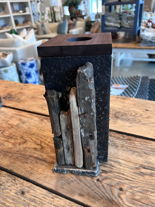 Reclaimed Boat Wood & Steel Vase – Sculptural Coastal Industrial Decor