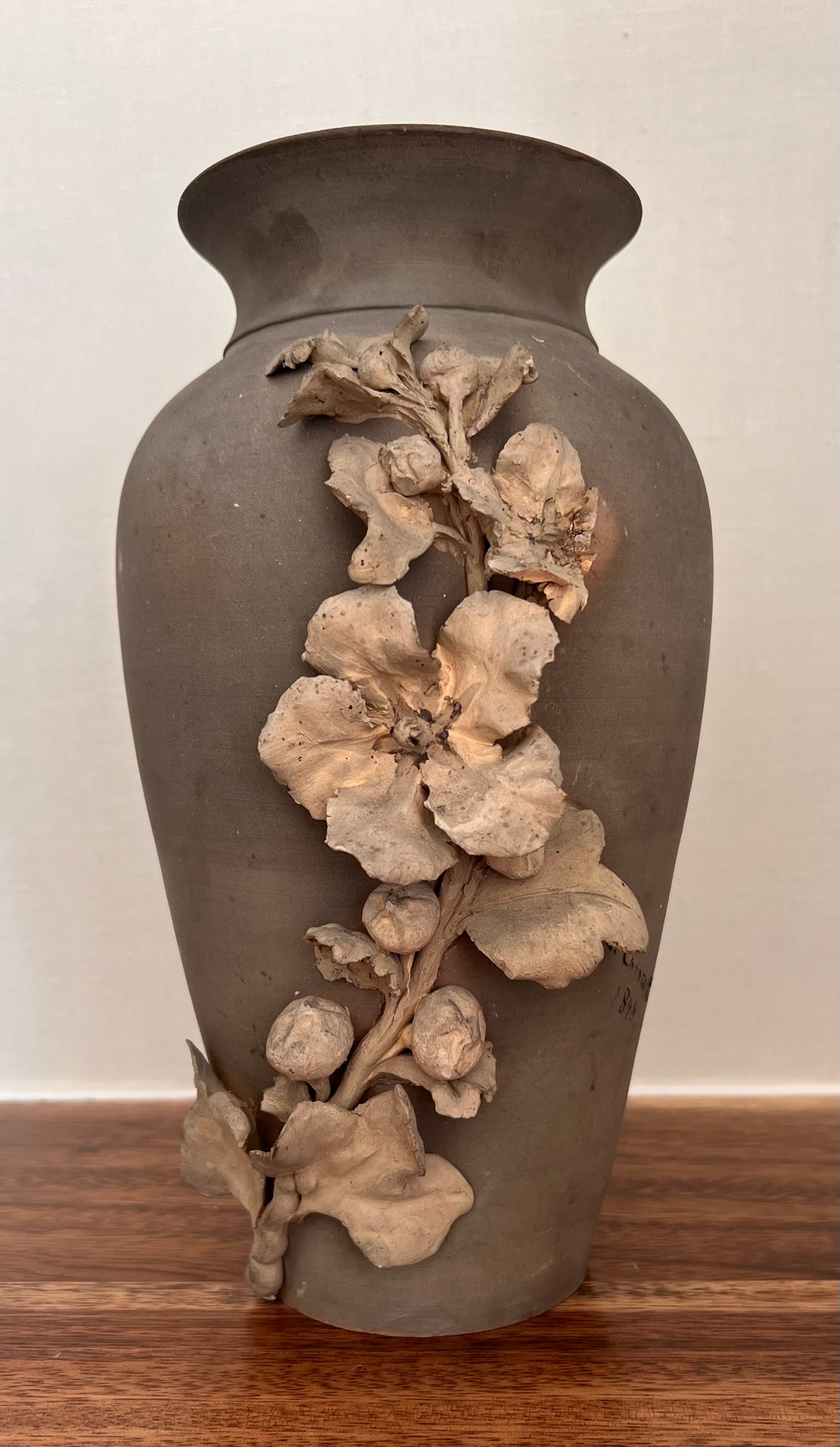 Pair of Antique Italian Art Pottery Vases, Dated 1890, Sculptural Floral Relief