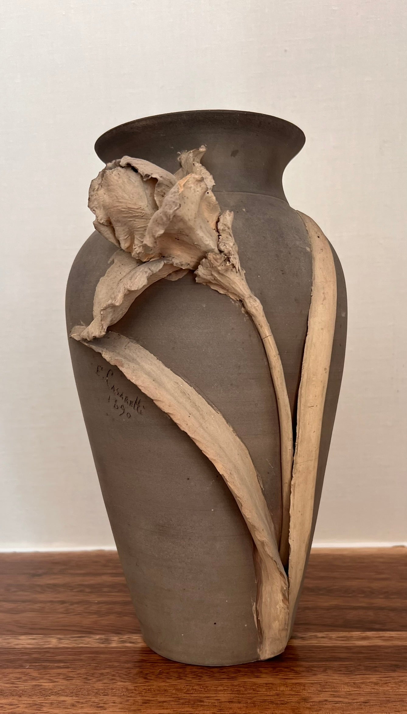 Pair of Antique Italian Art Pottery Vases, Dated 1890, Sculptural Floral Relief