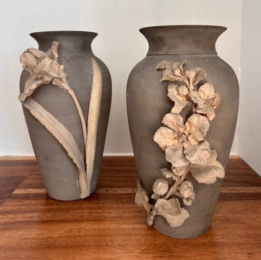 Pair of Antique Italian Art Pottery Vases, Dated 1890, Sculptural Floral Relief