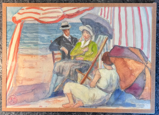 Ghodrat Delbasteh Impressionist Watercolor, Seaside Figures Under Canopy