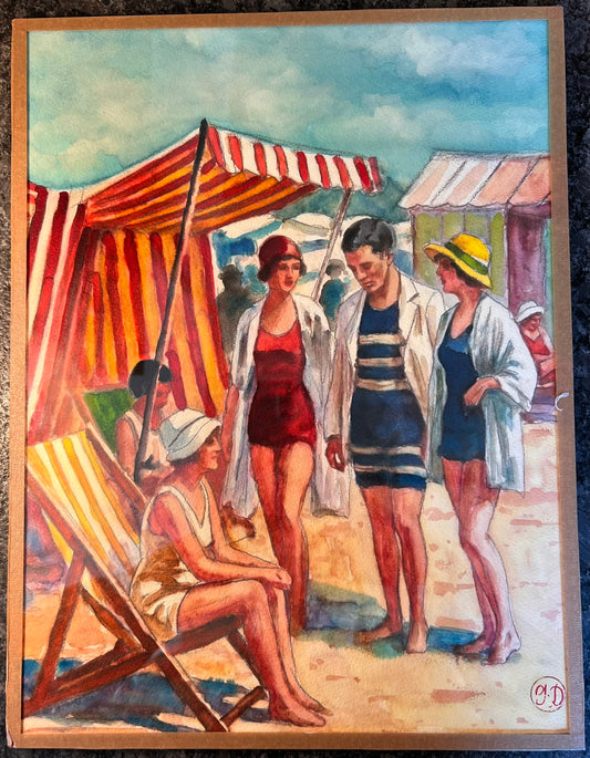 Ghodrat Delbasteh Impressionist Watercolor, Beach Scene with Bathers