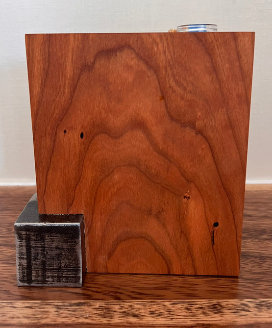 Cherry Wood & Cut Steel Vase, Modern Sculptural Block Design