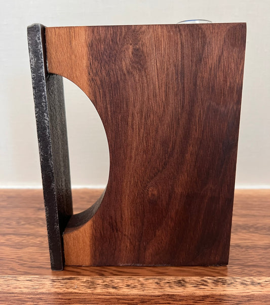 Walnut & Steel Bar Vase, Modern Sculptural Wood and Metal Vase