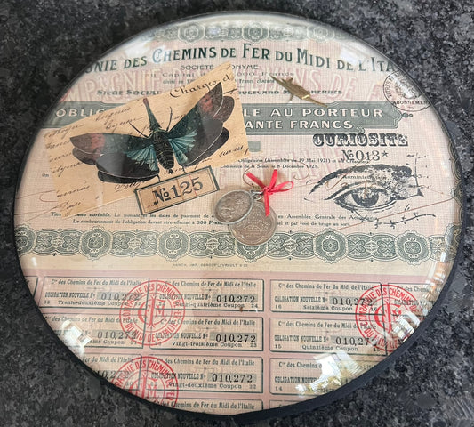 French Round Ephemera Collage – Glass Framed Wall Art, 10”