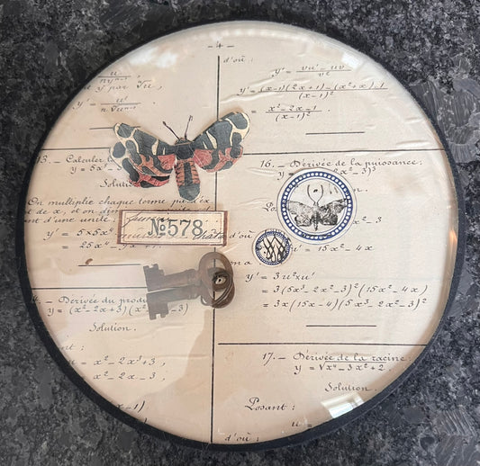 French Round Ephemera Collage – Glass Framed Wall Art with Keys & Insect Motif, 7.5”