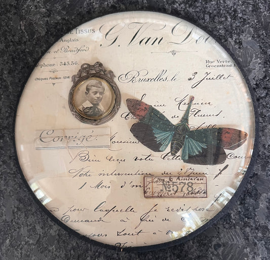French Round Ephemera Collage – Glass Framed Wall Art with Portrait & Insect Motif, 7.5”
