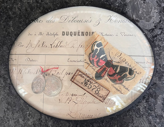 French Oval Ephemera Collage – Glass Framed Wall Art with Medals & Insect Motif, 7”