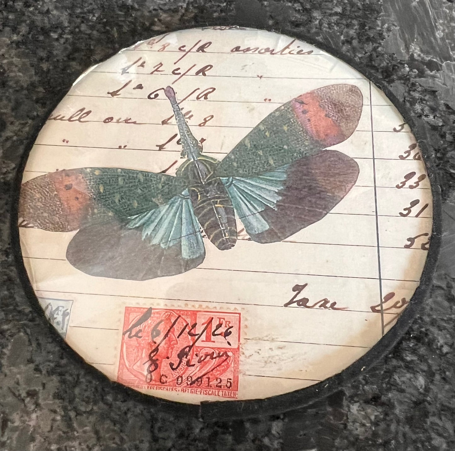 French Round Ephemera Collage – Glass Framed Wall Art with Insect Motif, 4”