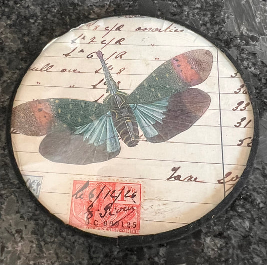 French Round Ephemera Collage – Glass Framed Wall Art with Insect Motif, 4”