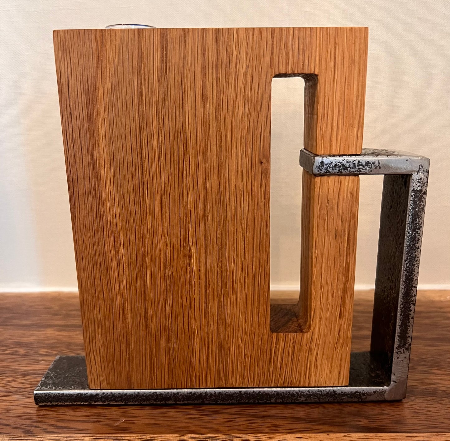 Steel & White Oak Vase, Modern Sculptural Wood and Metal Vessel