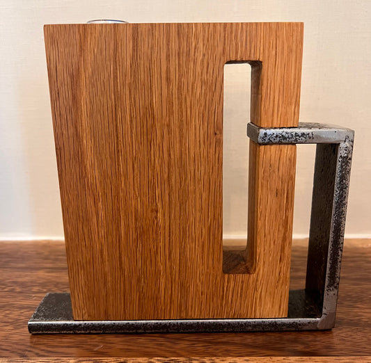 Steel & White Oak Vase, Modern Sculptural Wood and Metal Vessel