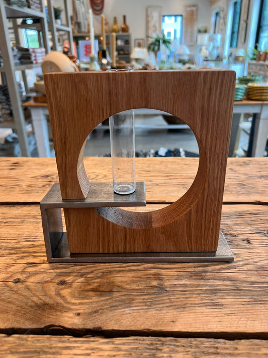Welded Steel & White Oak Vase, Modern Sculptural Wood and Metal Vessel
