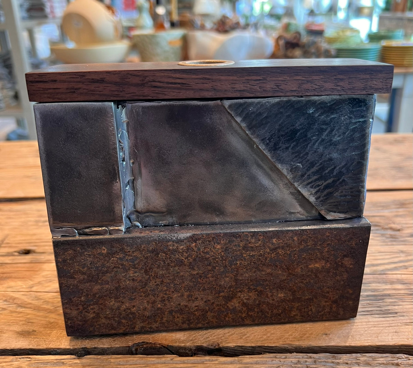 Salvaged Steel & Walnut Bud Vase, Modern Industrial Sculptural Vase