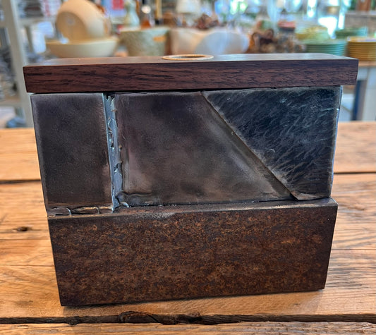 Salvaged Steel & Walnut Bud Vase, Modern Industrial Sculptural Vase