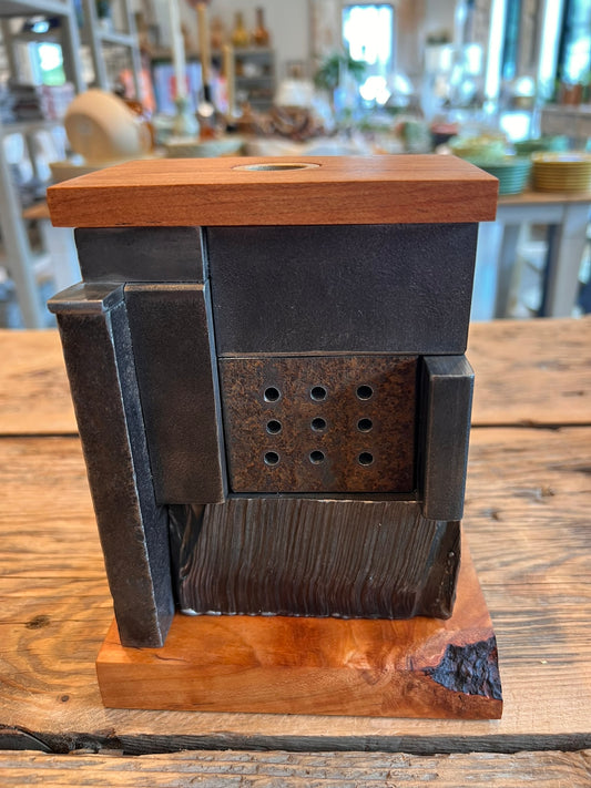 Salvaged Steel & Cherry Vase, Modern Industrial Sculptural Vase