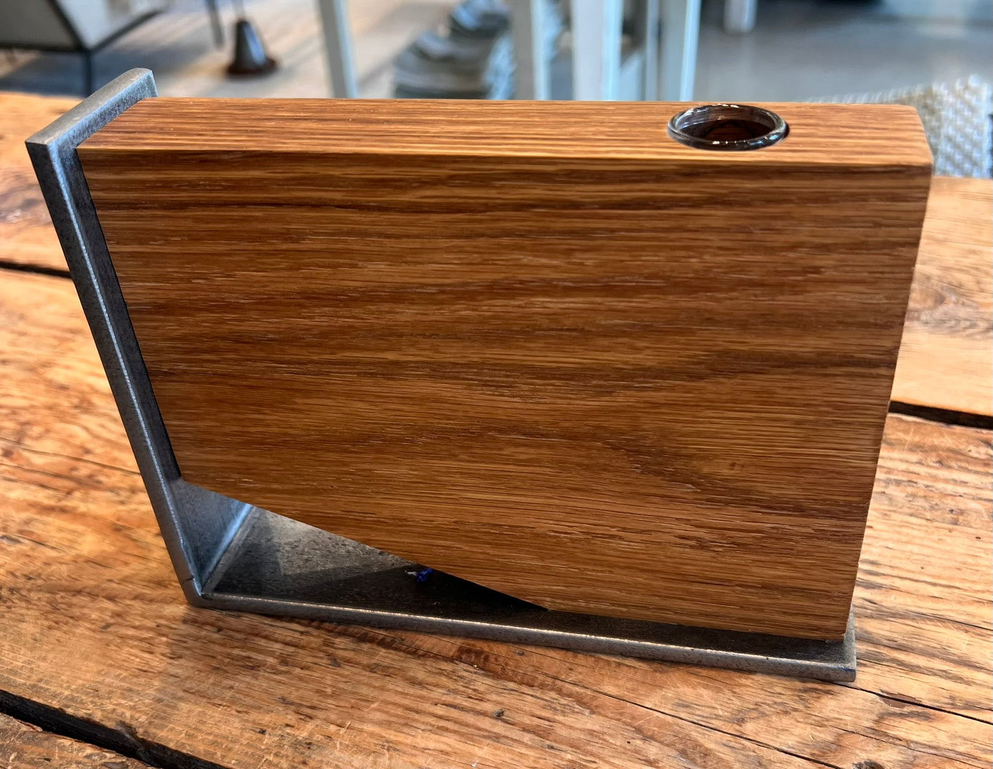 Steel & White Oak Vase, Modern Industrial Sculptural Vase