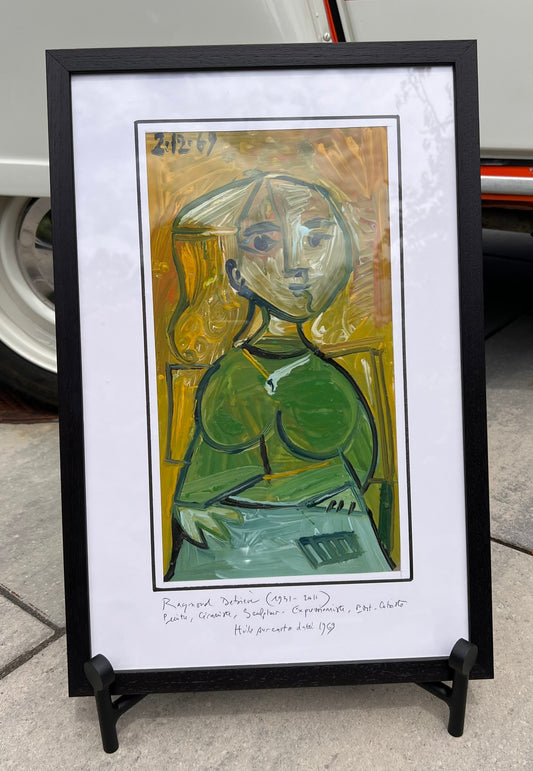 Raymond Debiève Portrait in Green (1968) – Framed Oil on Cardstock, 14" x 21"