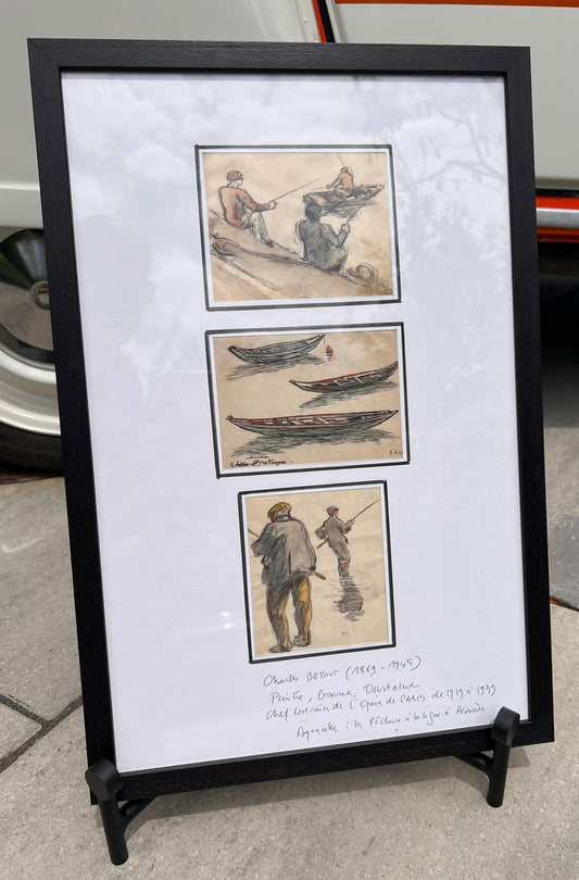 Charles Bétout Fishing Studies – Set of Three Framed Drawings, 14" x 22"