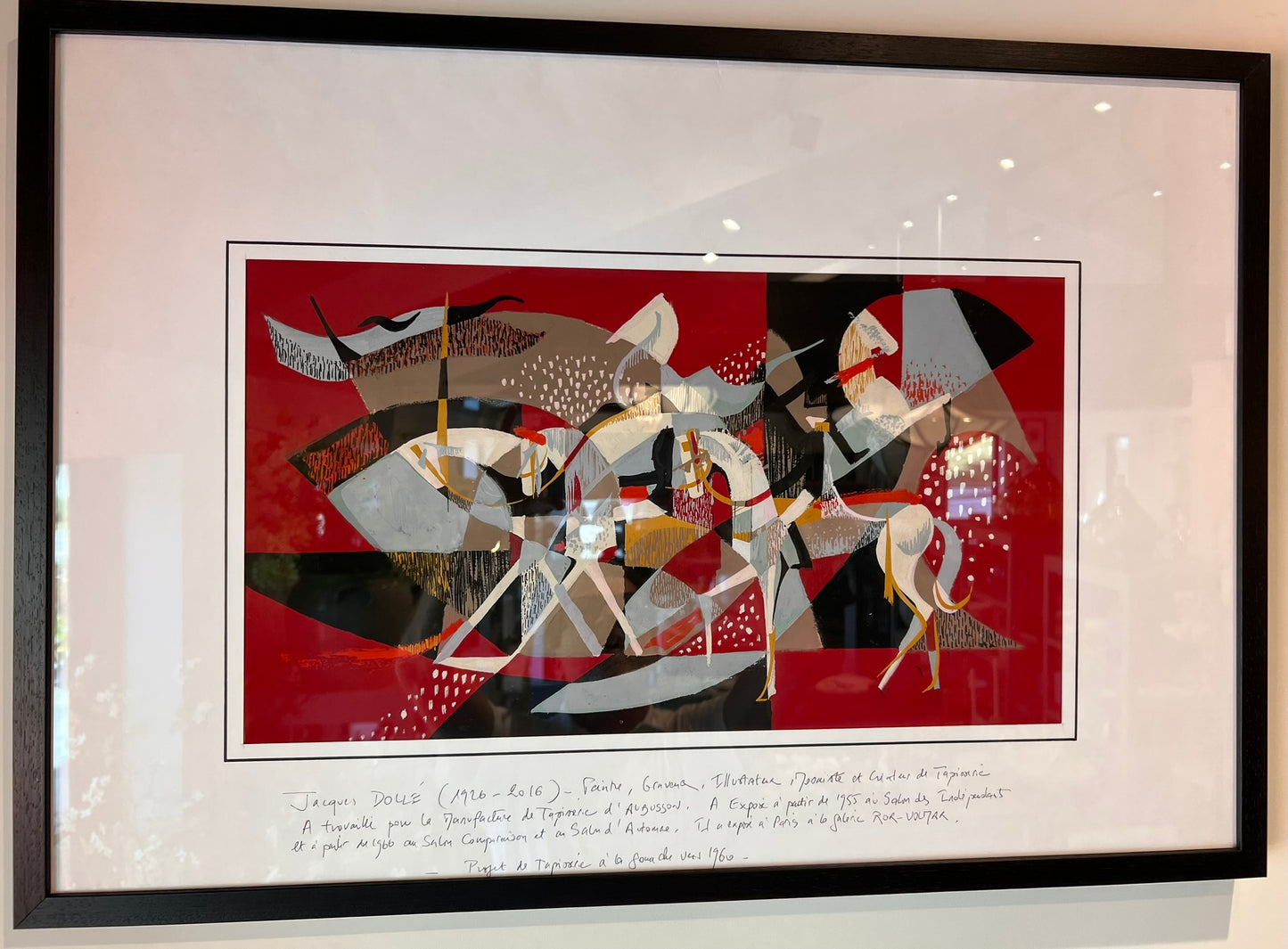 Jacques Dollé (1926–2016) Horses on Red Background Gouache Design, 31" x 22"
