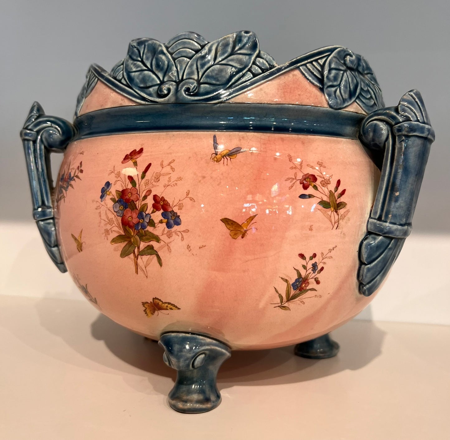 PD20 - Antique Art Nouveau Pink & Blue Floral Ceramic Footed Jardinière, Early 1900s