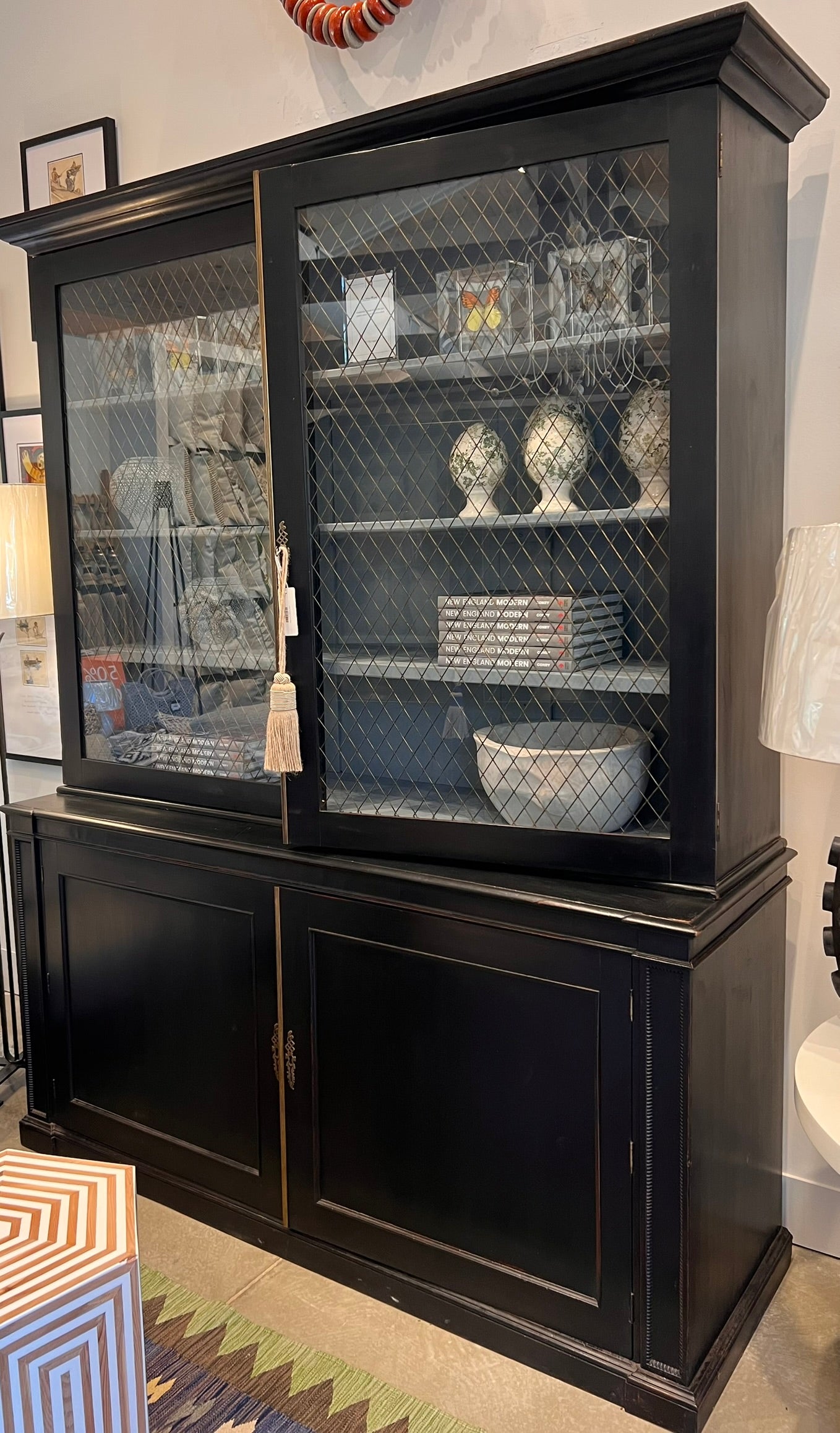 Antique French Black Wood Bibliothèque Hutch with Wire Glass Doors, circa 1900