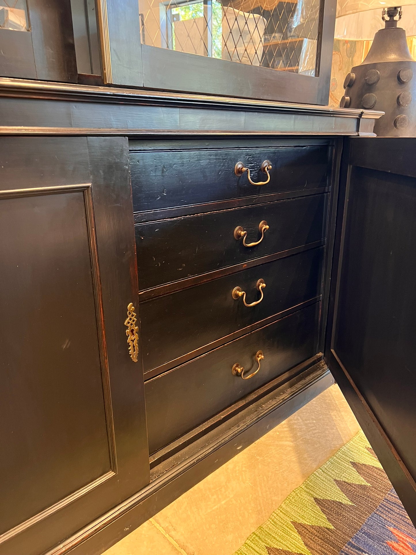Antique French Black Wood Bibliothèque Hutch with Wire Glass Doors, circa 1900