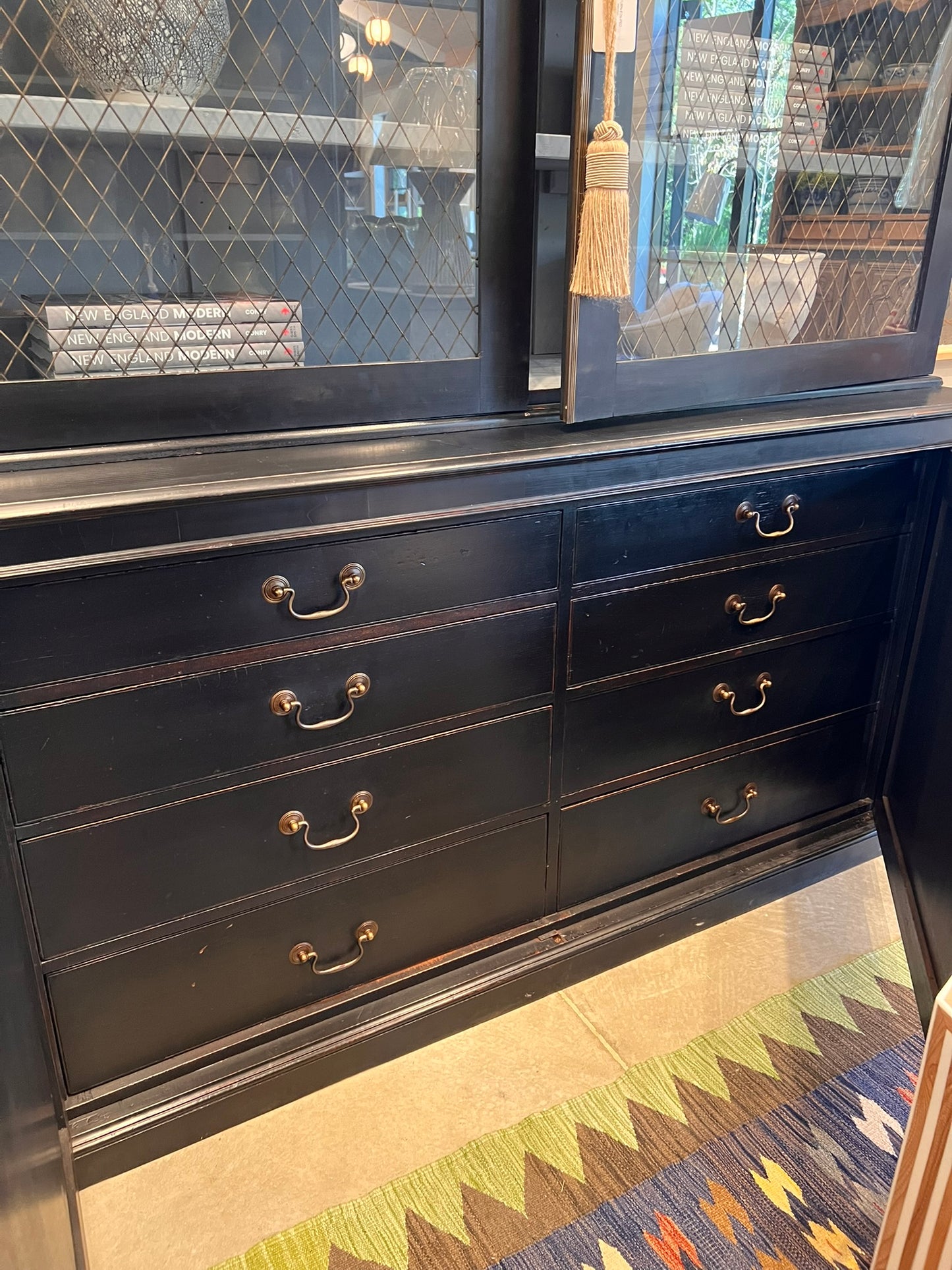 Antique French Black Wood Bibliothèque Hutch with Wire Glass Doors, circa 1900
